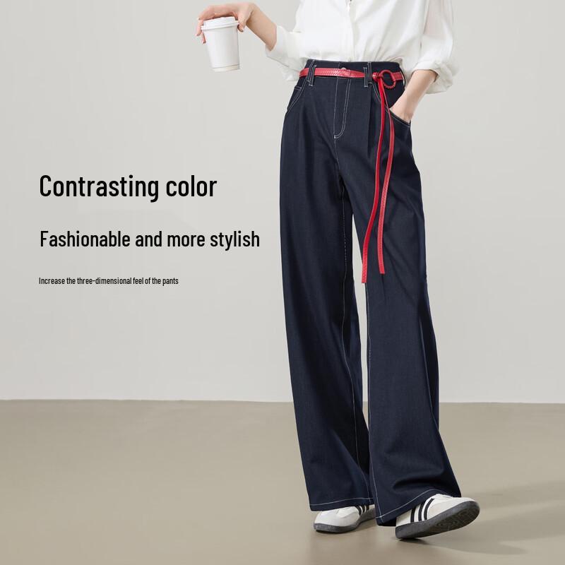 ESE-Y Women's Indigo Blue Faux Denim Wide-Leg Straight Pants