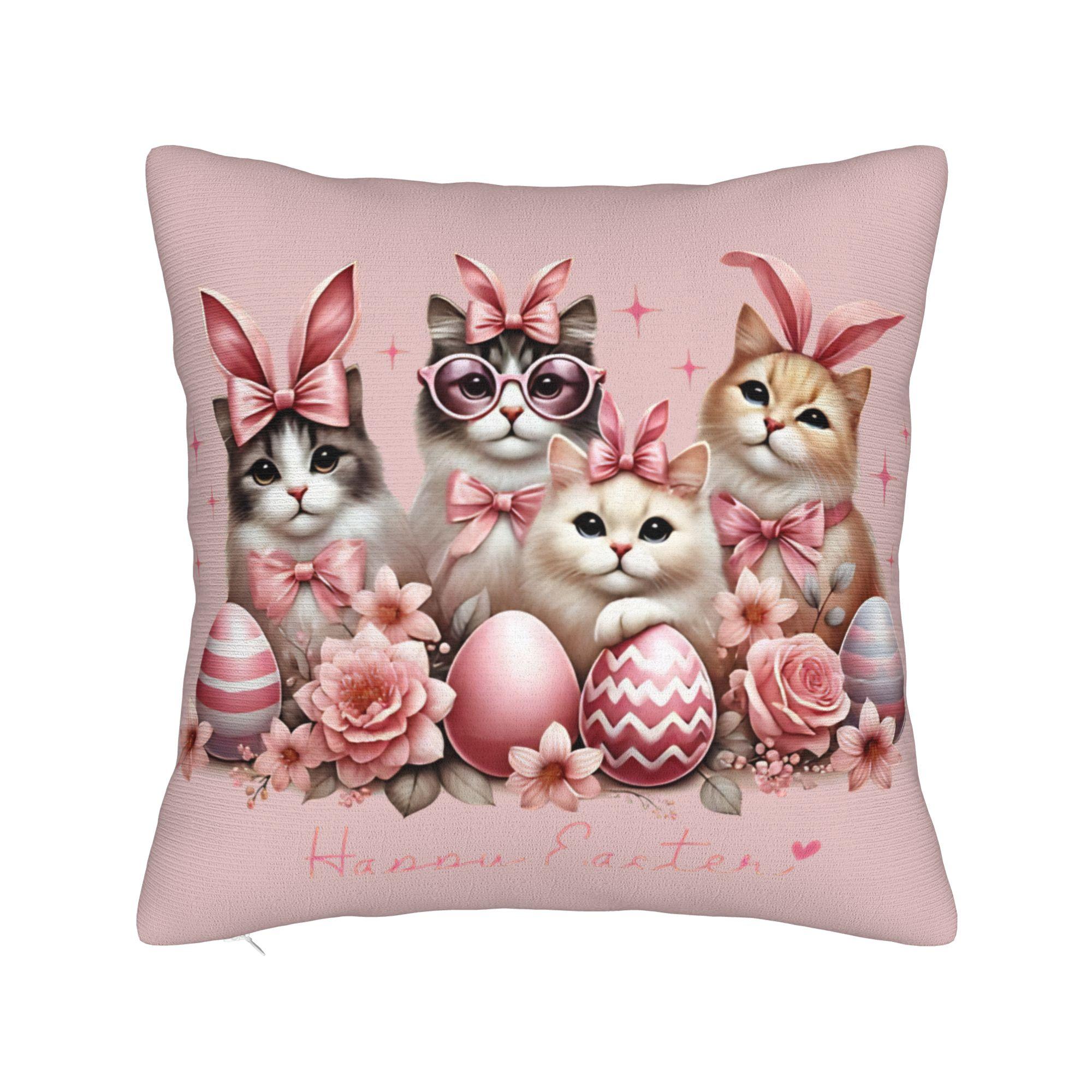 Pillow Case Funny Easter Cats Ears Bunny Eggs Comfy  Pillow Cover For Sofa Bedroom Home Decor Cute Funny Pillowcases 30cmx30cm