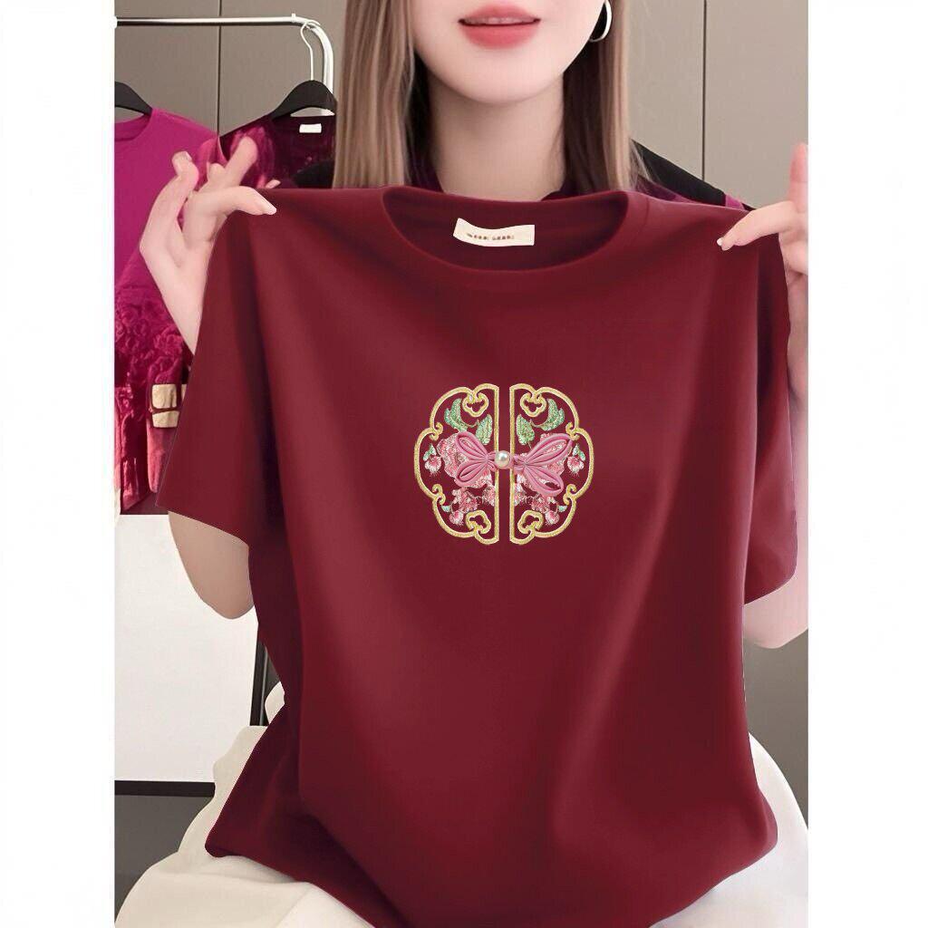 Chinese Embroidery Short Sleeve T-shirt - Women's Plus Size, Slim Fit, Stylish and Loose.
