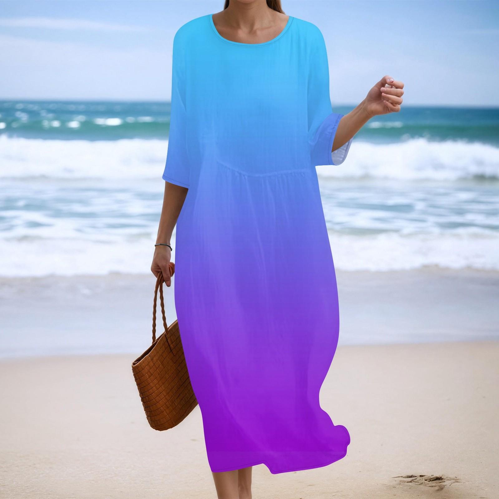 

Women s Fashionable Printed Round Neck Seven Quarter Sleeve Loose Dress L