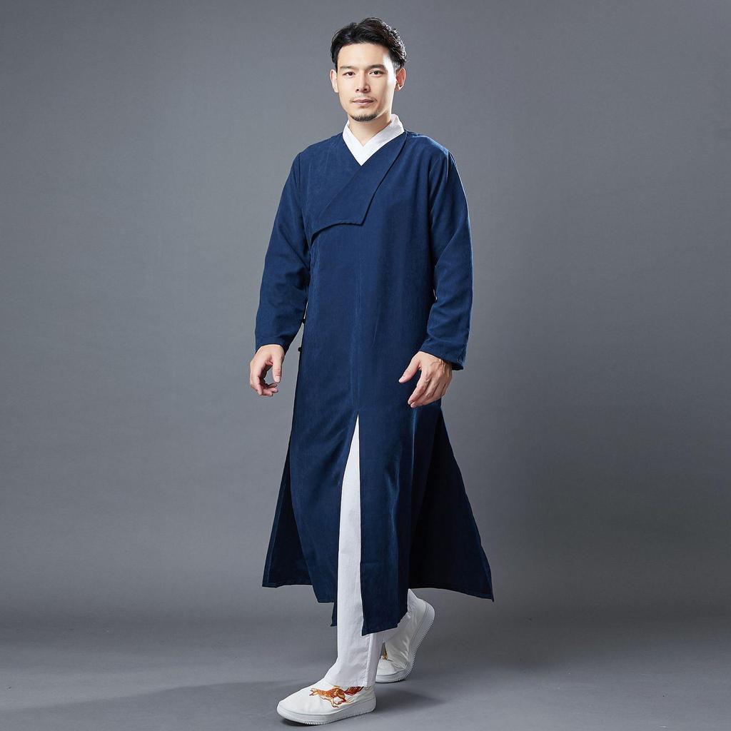 Pánská ležérní lněná košile s dlouhým rukávem v čínském stylu s žabkovými knoflíky - Zenový čajový oblek roucho