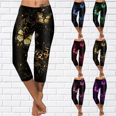 Spodnie letnie żółte motylkowe krótkie legginsy przycięte spodnie obcisłe Plus rozmiar legginsy damskie spodnie z trzema motylami przycięte spodnie