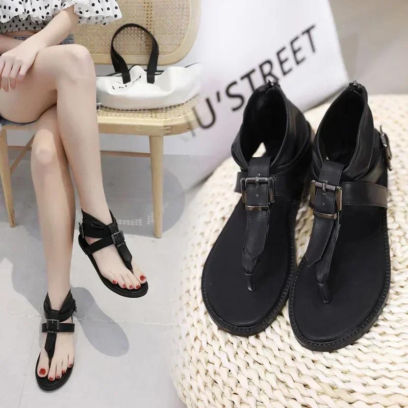 Sexy Show Sandals for Girls Women Summer Shoes Belt Buckle Zipper PU 1CM Flat with Fashion Office Work Summer Women Shoes Black