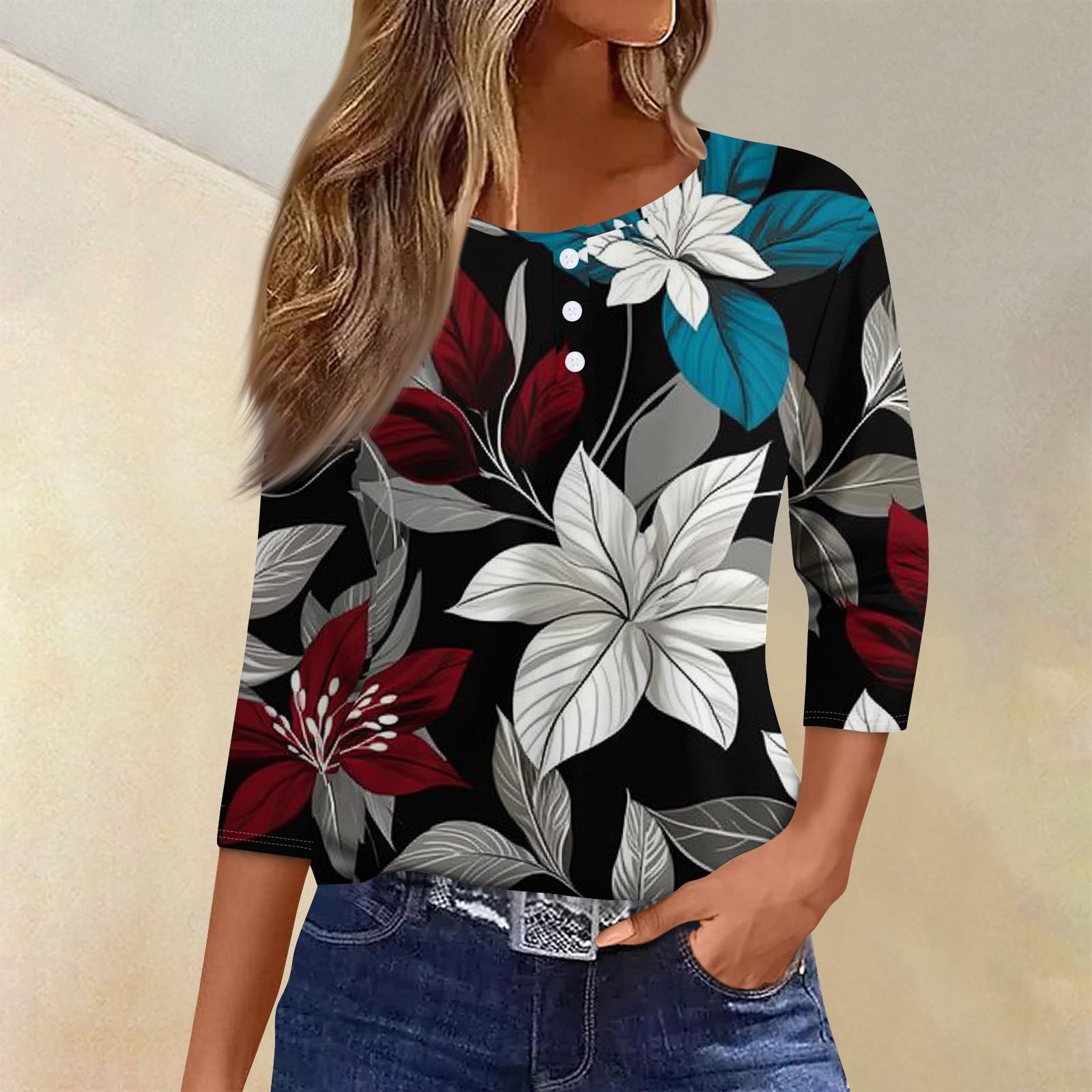 

Жіноча футболка з принтом на ґудзиках, рукави 3/4, щоденна мода на вихідні, звичайний топ із V-подібним вирізом XL білий