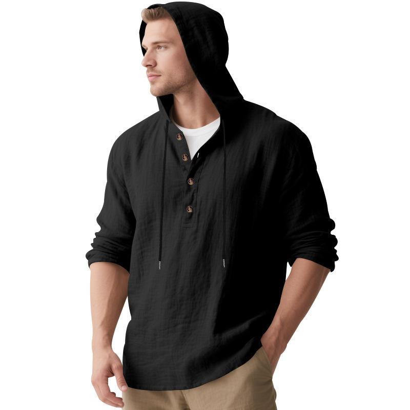 Pánská lehká lněná mikina Henley s kapucí, ležérní, s dlouhým rukávem, na knoflíky, se stahovací šňůrkou, jednobarevná