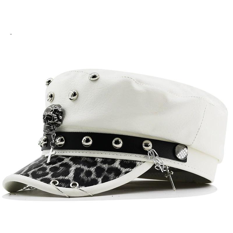Women's Y2k Trendy Beret Fashion PU Leather Cool Punk Skull Spike Cap Flat Top Captain Military Caps Women's Accessories