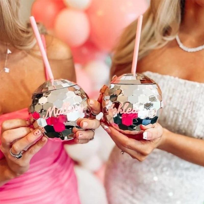 5Pcs Disco Ball Cup with Straw Bachelorette Party Supplies Wedding Bridal Shower Cocktail Drink Cups Beach Pool Birthday Decor