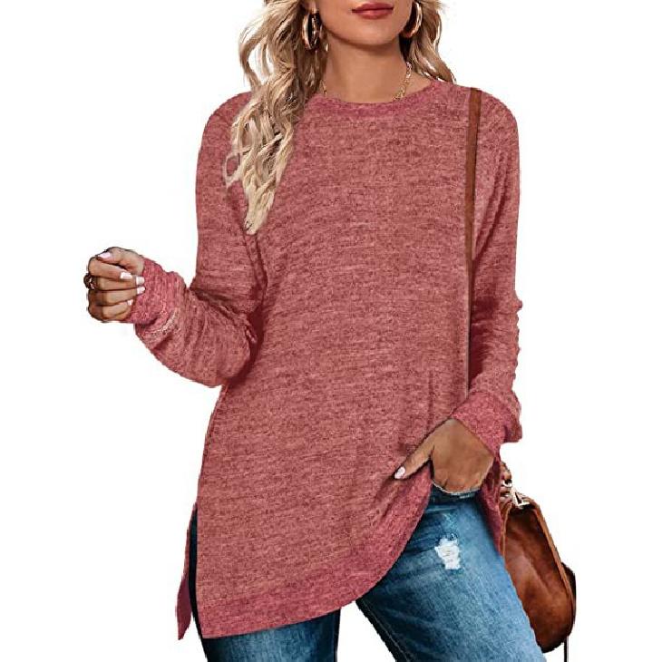 2026 New Long-Sleeve Round-Neck Color-Block Slit Top for Women, Loose Casual Pullover T-Shirt