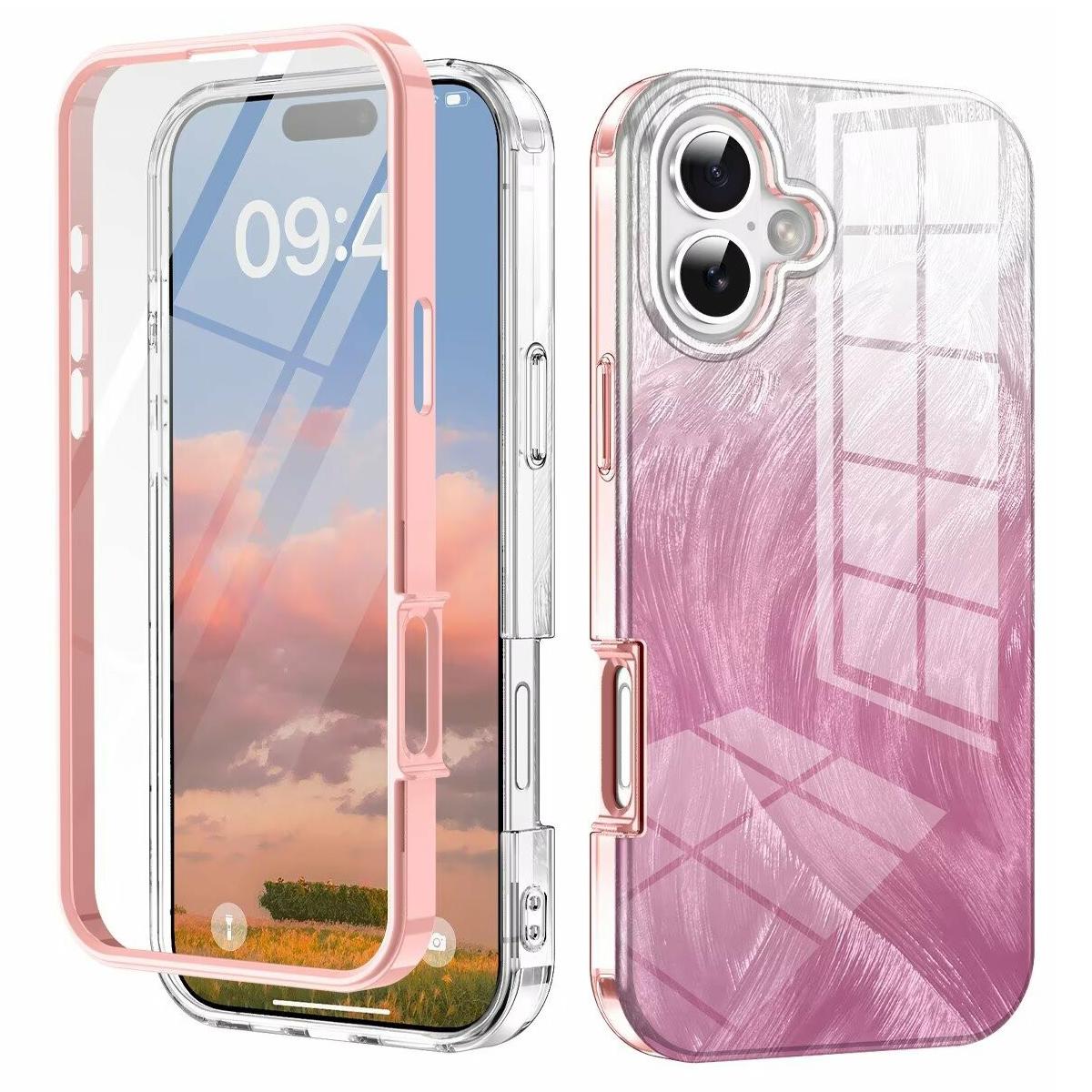 

For iPhone 16 Plus Case Gradient Feather Pattern PC+TPU Phone Cover Built-In PET Screen Film E