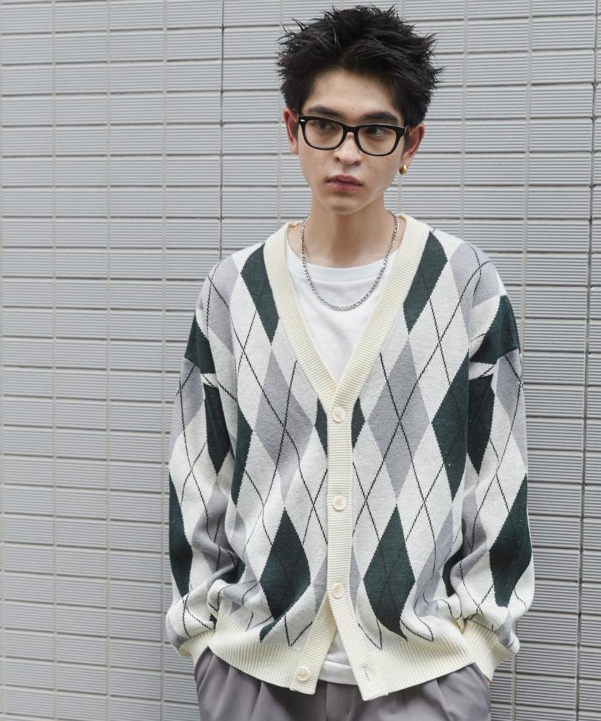 WEGO Relaxed Fit Patterned Casual Korean Perfect Gift for and Size Green Check Men's Cardigan, All-Over Print, Outfit, Style, Spring, Autumn, Winter,