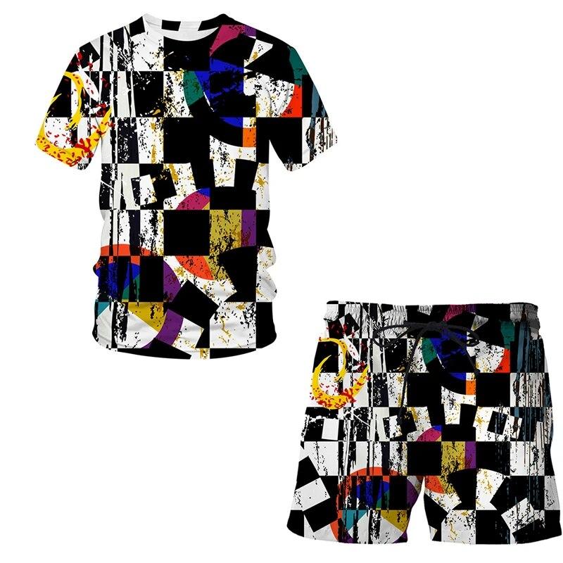 Summer fashion men's suit Abstract art pattern 3D T-shirt printed Lapel short sleeve shirt beach shorts Hawaiian men's suit 2pcs