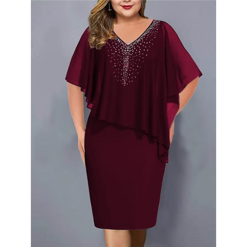 Übergröße Damen Chiffon Kleid mit Rautenstich und unregelmäßigen mittellangen Ärmeln
