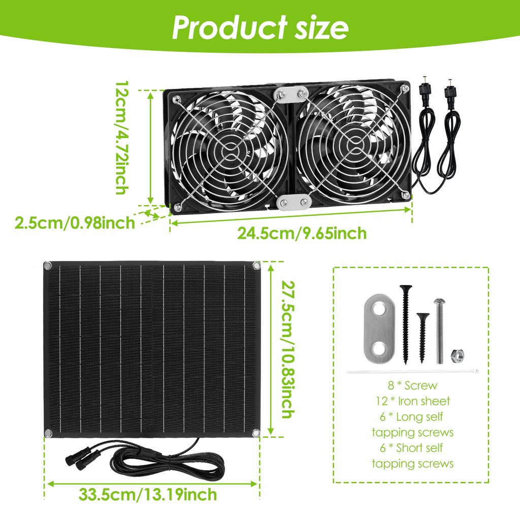 25W 12V Solar Fan Outdoor Fan with 2 IPX7 Waterproof Fans, Pet Chicken Coop Cooling Fan Set