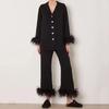 Fashion Style Long Sleeves Feather Coat Pants Suit Homewear Splice Feather Top Pants Set
