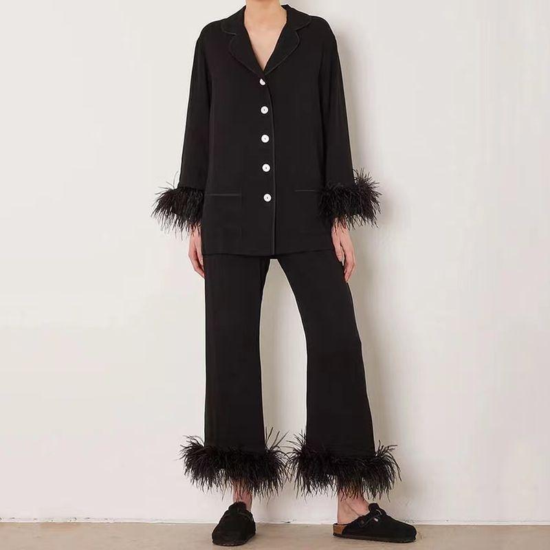 Fashion Style Long Sleeves Feather Coat Pants Suit Homewear Splice Feather Top Pants Set