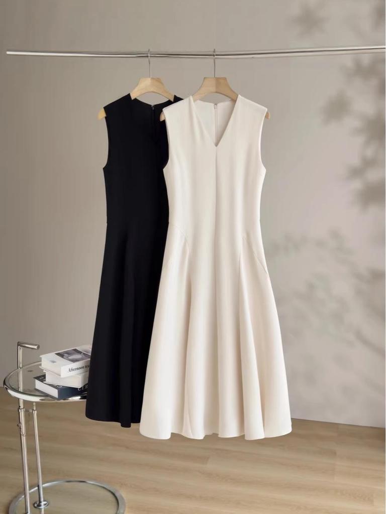 Elegant High-End V-Neck Sleeveless Dress for Women - Spring/Summer Three-Tone Acetate Wide Flare Skirt