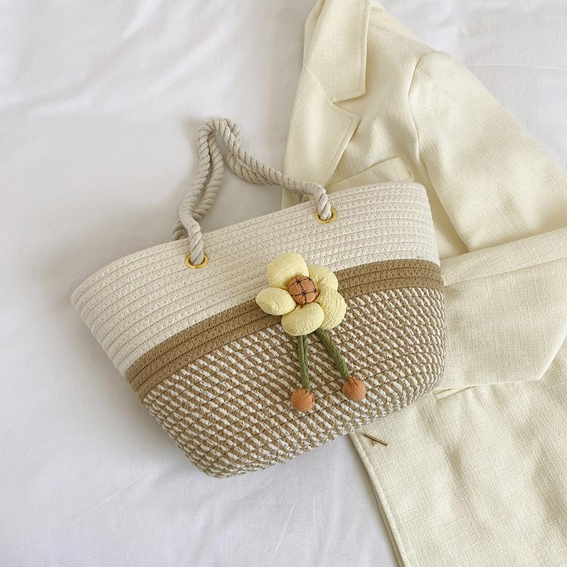 

Летняя плетеная сумка в зарубежном стиле женская 2025 новая модная на одно плечо ручная сумка-ведро из пеньковой веревки повседневная трендовая пляжная сумка хаки