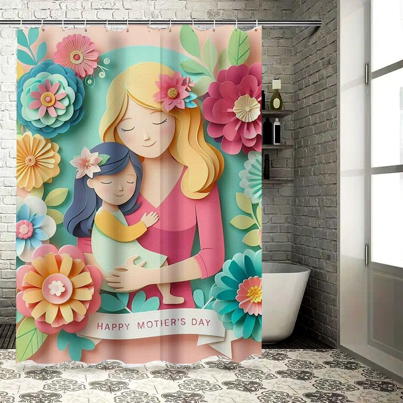 Charming 'Happy Mother's Day' Design with Mother and Child in Vibrant Floral Waterproof Shower Curtain, Stylish Durable