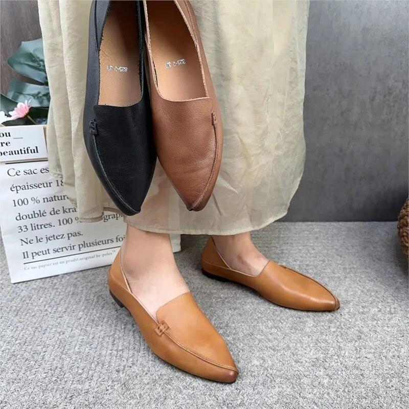 Johnature Retro Women Genuine Leather Pointed Toe Flats Shoes Handmade Shallow Soft Sole Solid Color Slip-on Shoes