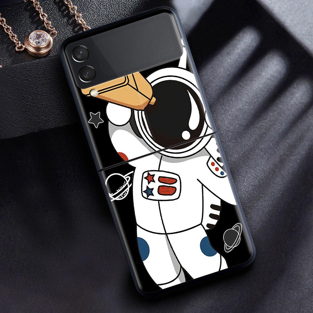 Case For Samsung Galaxy Z Flip 3 4 5G Black Hard PC Phone Housing Z flip4 Luxury Segmented Cover Cute Astronaut
