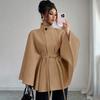 Women’s Clothing Elegant, Stand-Up Collar, Tie-Up Waist, Cloak-Style Design with a Sense of Grandeur, Woolen Coat.