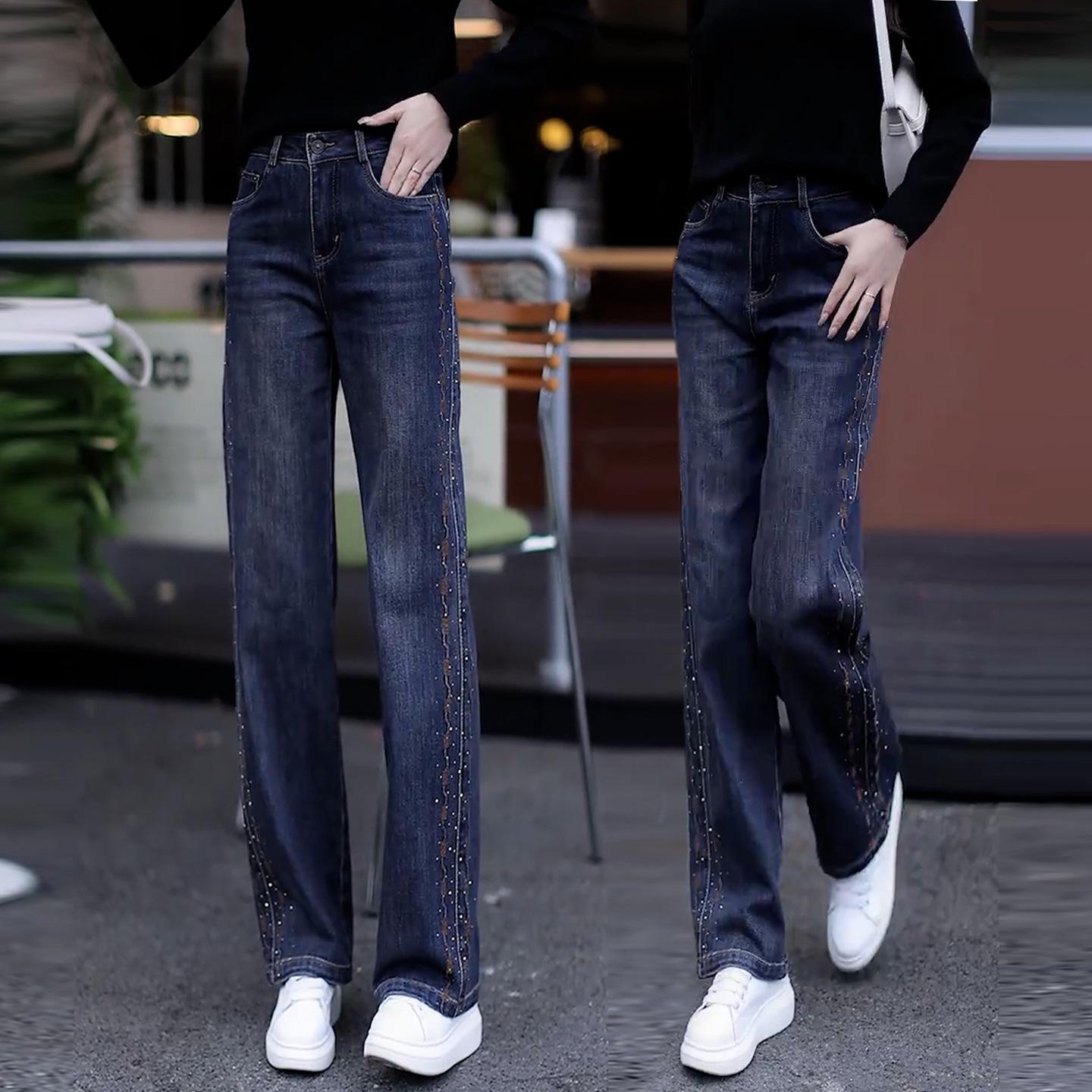 

Women s Rhinestone Embroidered Jeans: 2026 Spring/Autumn Loose, Slimming, Straight & Wide Leg Pants 3XL /31 (Recommended for 135-145 lbs)