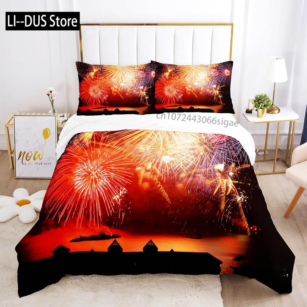 Colourful Fires Bedding Set Washed Cotton Firework Duvet Cover Queen Size Celebrate Merry Christmas Theme Soft Comforter Cover