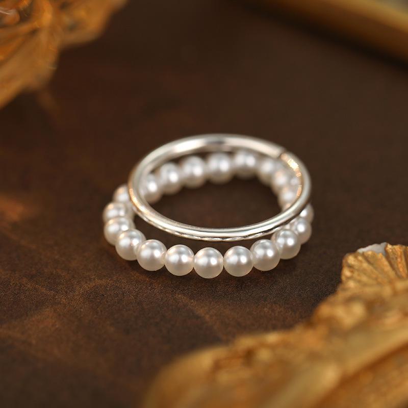 

Banyan Tree S925 срібне двошарове перлинне кільце – корейський нішевий дизайн для жінок, модний стиль вказівного пальця Adjustable opening біле золото кольору