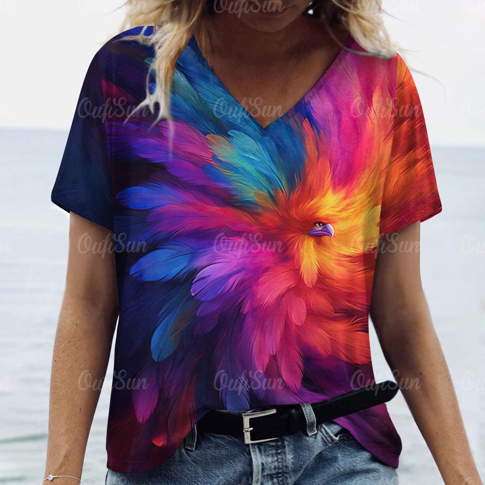 2024 New Women T-shirt Peacock Feather Print Plus Size Top Summer Women's Trend Clothing Fashion Short Sleeve Shirt V-Neck Tees