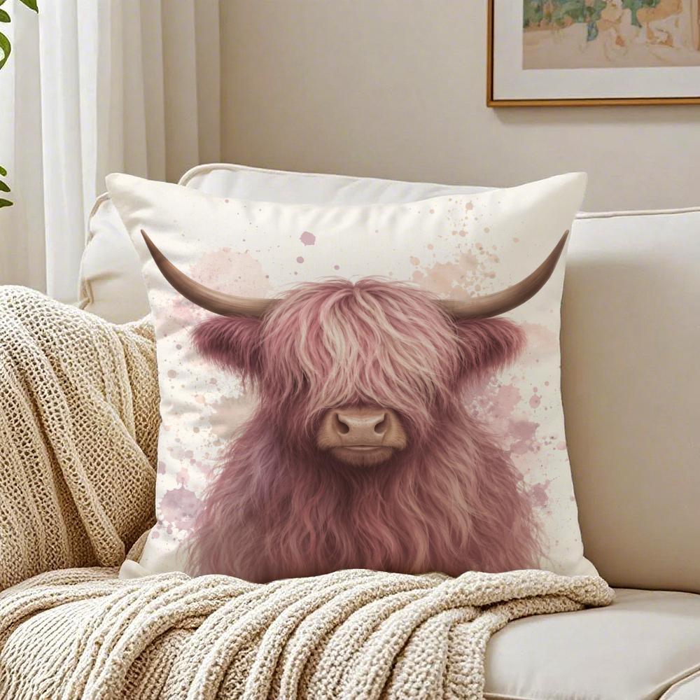 Turquoise Highland Cow Pillow Case Double-Sided Plush Sofa Cushion Covers Organic Breathable Invisible Zipper