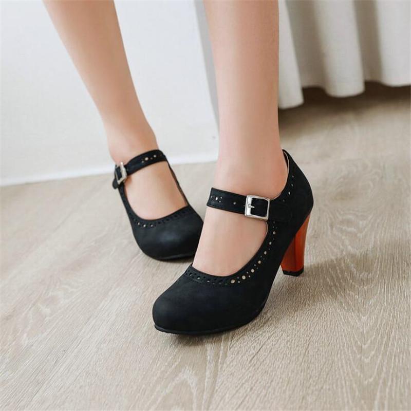 Girls' Shoes Women Pumps Solid Buckle Round Toe Lolita Shoes Square Heel Ankle Strap Shoes Woman High Heel Shoes Plus Size 32-43