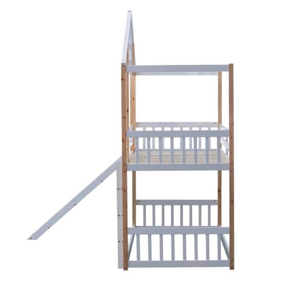 Bunk Bed with Fence Anti-fall Device Characteristic Windows Ladder Wood Frame Family Loft Bed Home