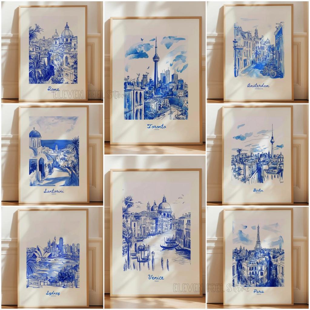 City Travel Poster, Retro Italy Print, Navy Blue Trendy Wall Art, Hand Drawn Sketch, summer beach poster, Home Decor Art