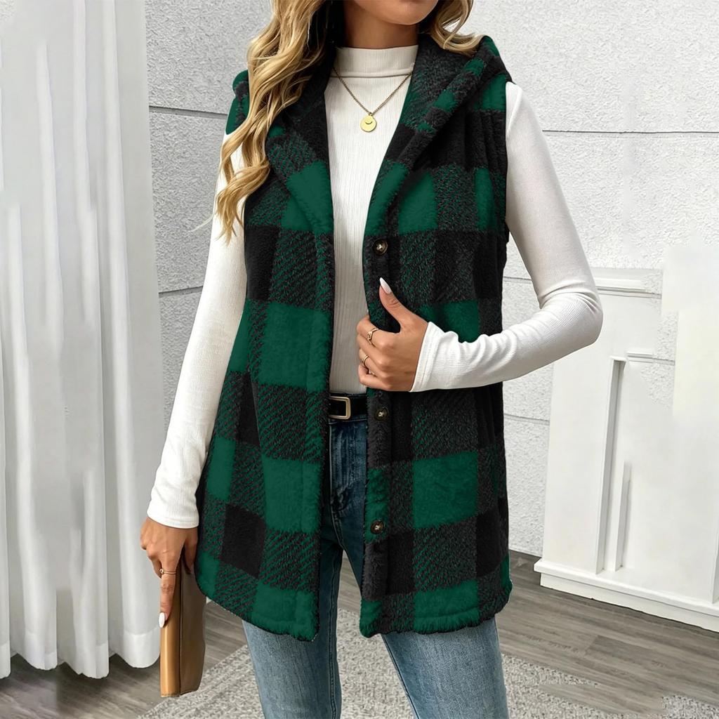 Women's Fashion Plaid Hooded Button-Front Vest Jacket