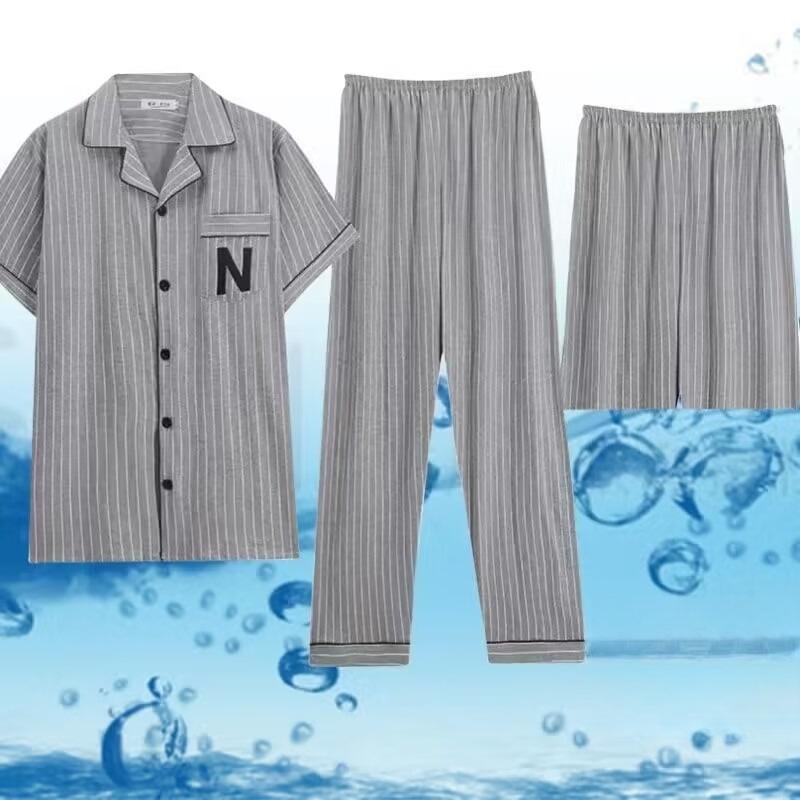 Pigiama da Uomo Abbigliamento da Casa Tre Pezzi Cotone da Uomo Primavera e Estate Maniche Corte Pantaloncini Pigiama Leggero Set Abbigliamento da Casa