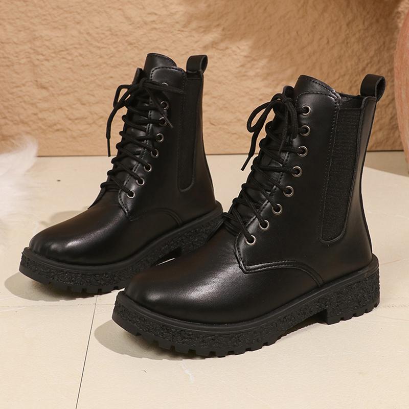 Fashion Rimocy Fashion Platform Combat Boots Women Black PU Leather Lace Up Ankle Boots Woman Thick Sole Non Slip Autumn Winter Shoes