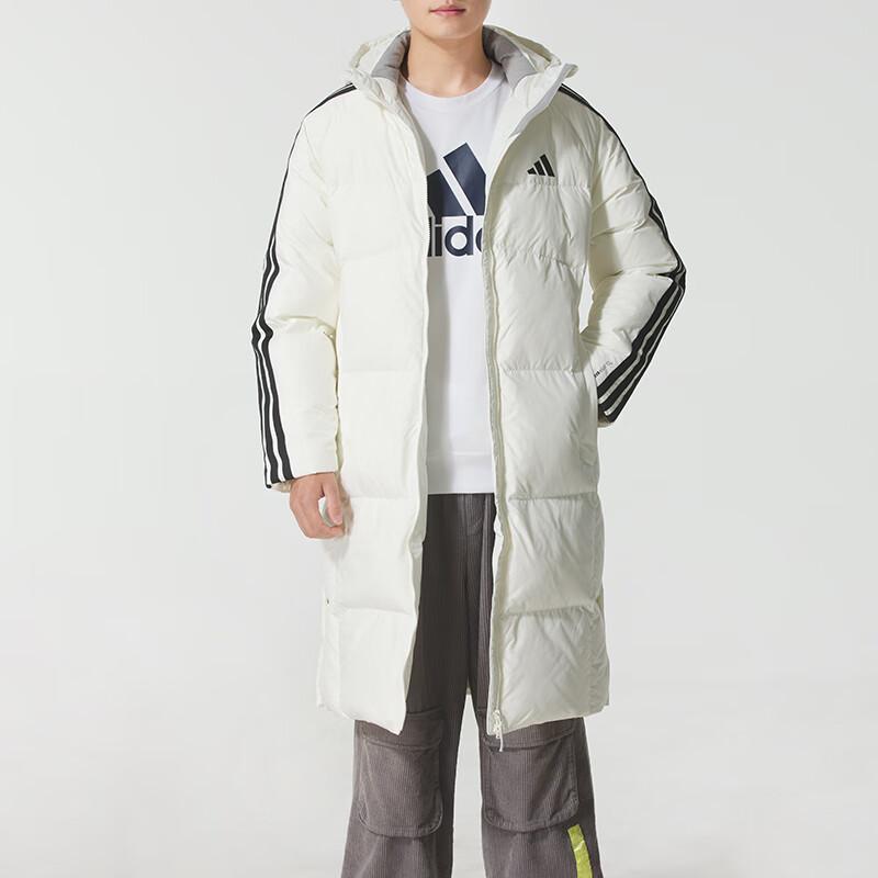 adidas 3S L Down Jacket Windproof Water-Repellent Warm Hooded Striped Mid-Length Duck Down Coat Men Jacket White KC2497