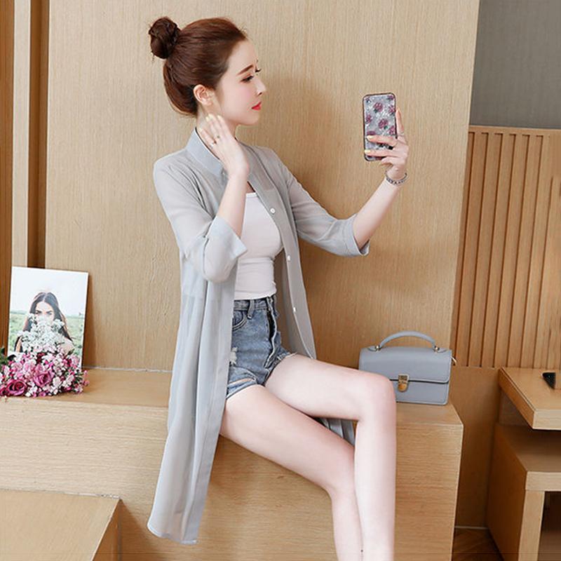 Sonnenschutzkleidung Damen Mittellanger Strand Sommer Chiffon Cardigan Schal Klimaanlage Hemd Dünner Mantel