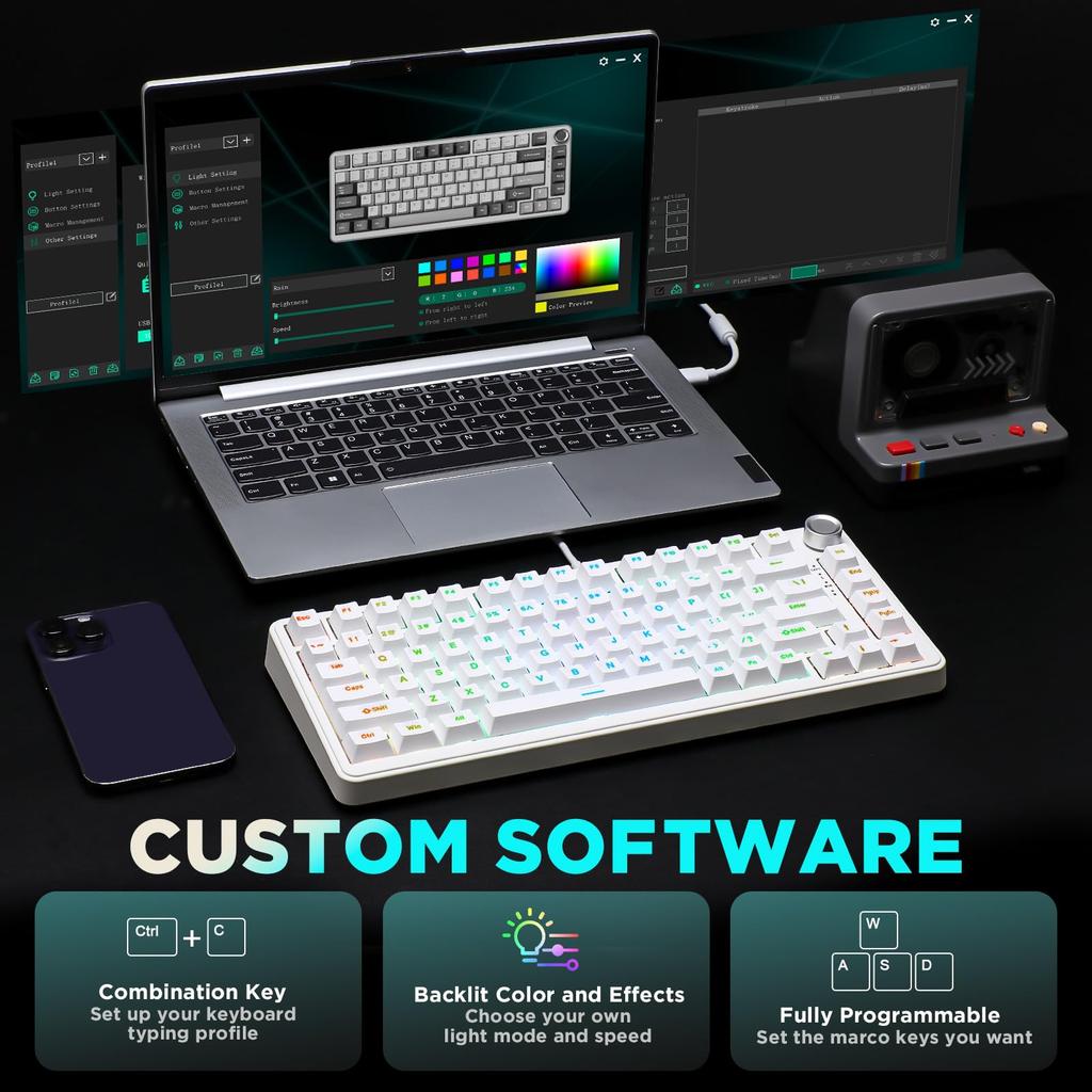 YUNZII B75 75% Wired Mechanical Keyboard, Hot-Swappable, Gasketed, RGB Backlight, Durable English Layout, PBT Keycaps, Cherry Profile, for WindowsMac
