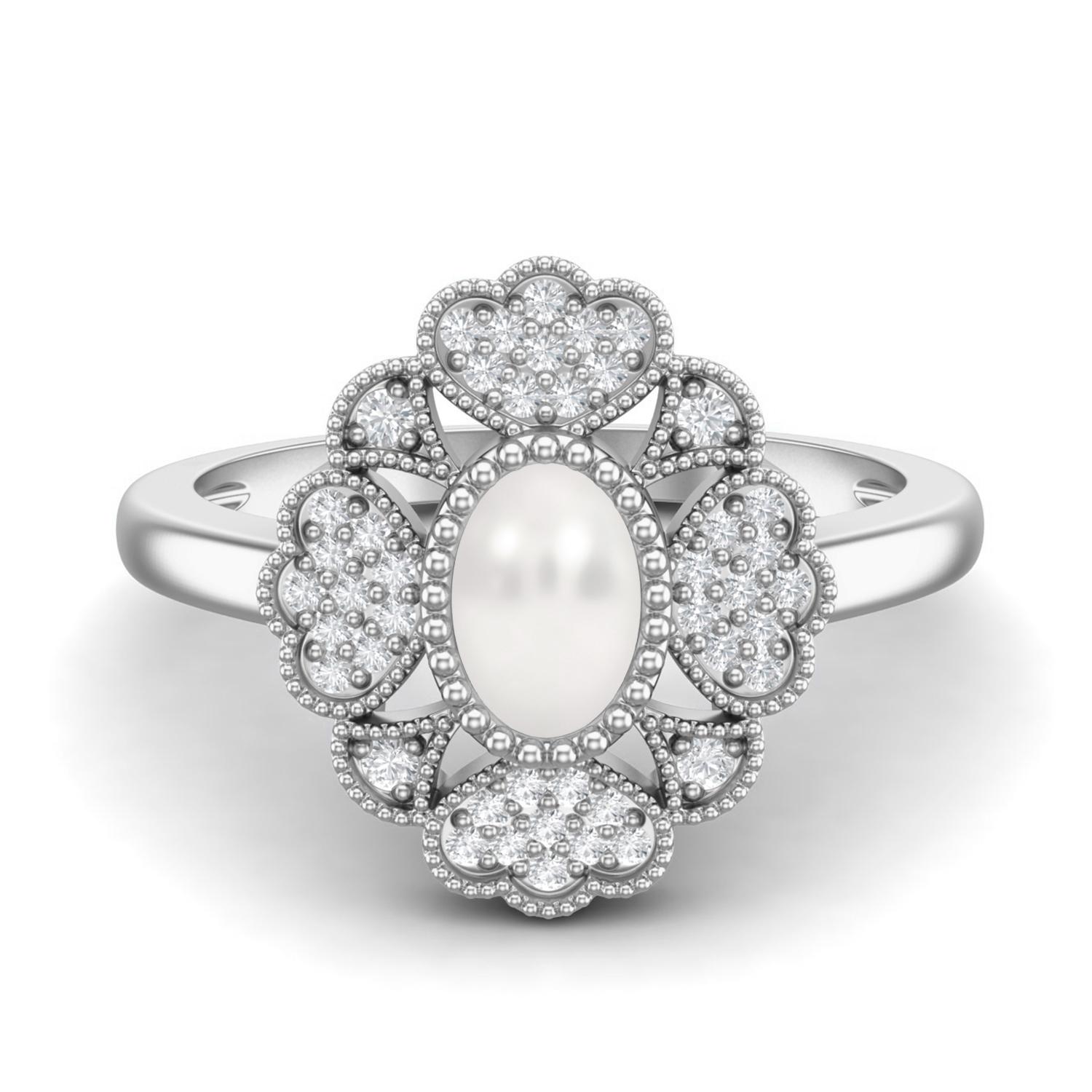 

6X4 MM Oval Natural Pearl Designer Flower 925 Sterling Silver Women Wedding Ring 12 белый