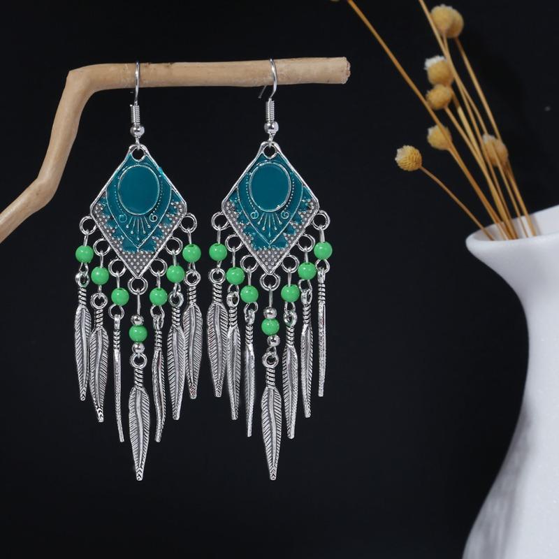 Rhombus colored beaded feather long fringed earrings, high-end retro contrasting color temperament earrings women