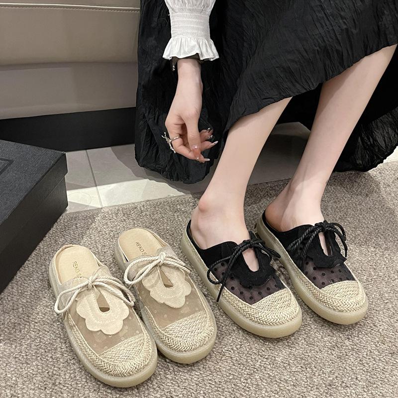 Mesh Bag Head Slippers Women's Summer Wear New Flat-bottomed Sandals Versatile Straw Woven Fisherman Shoes Half Drag
