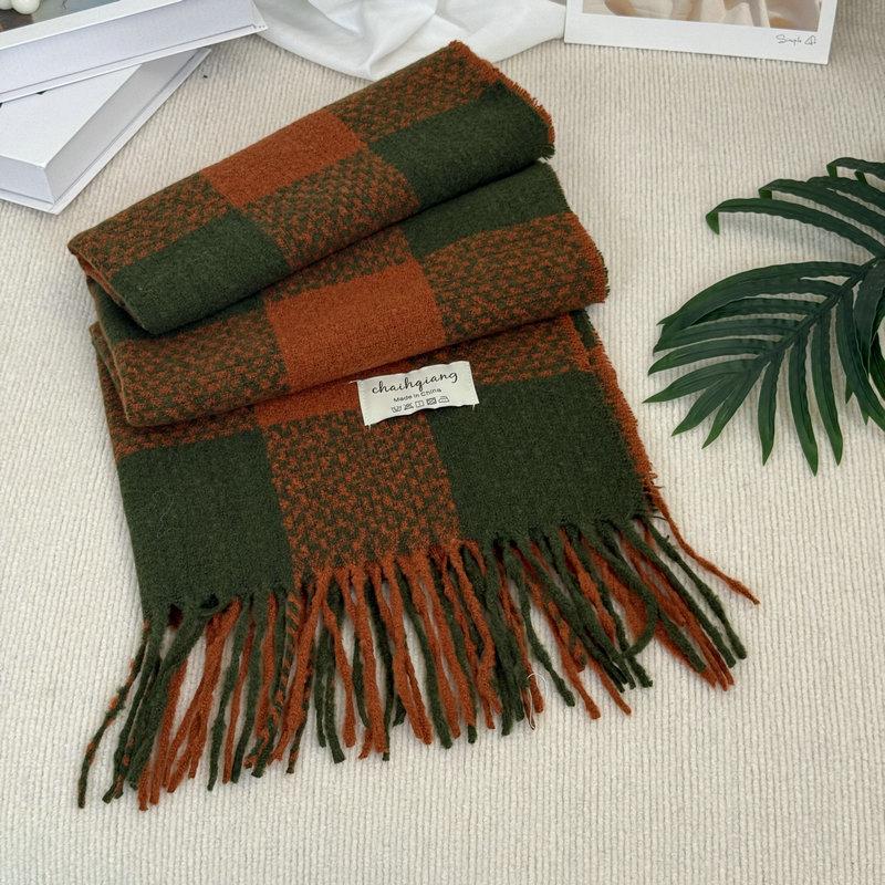 Autumn and winter scarf women's thickened warm long fringed knitted scarf versatile color matching plaid cold-proof shawl