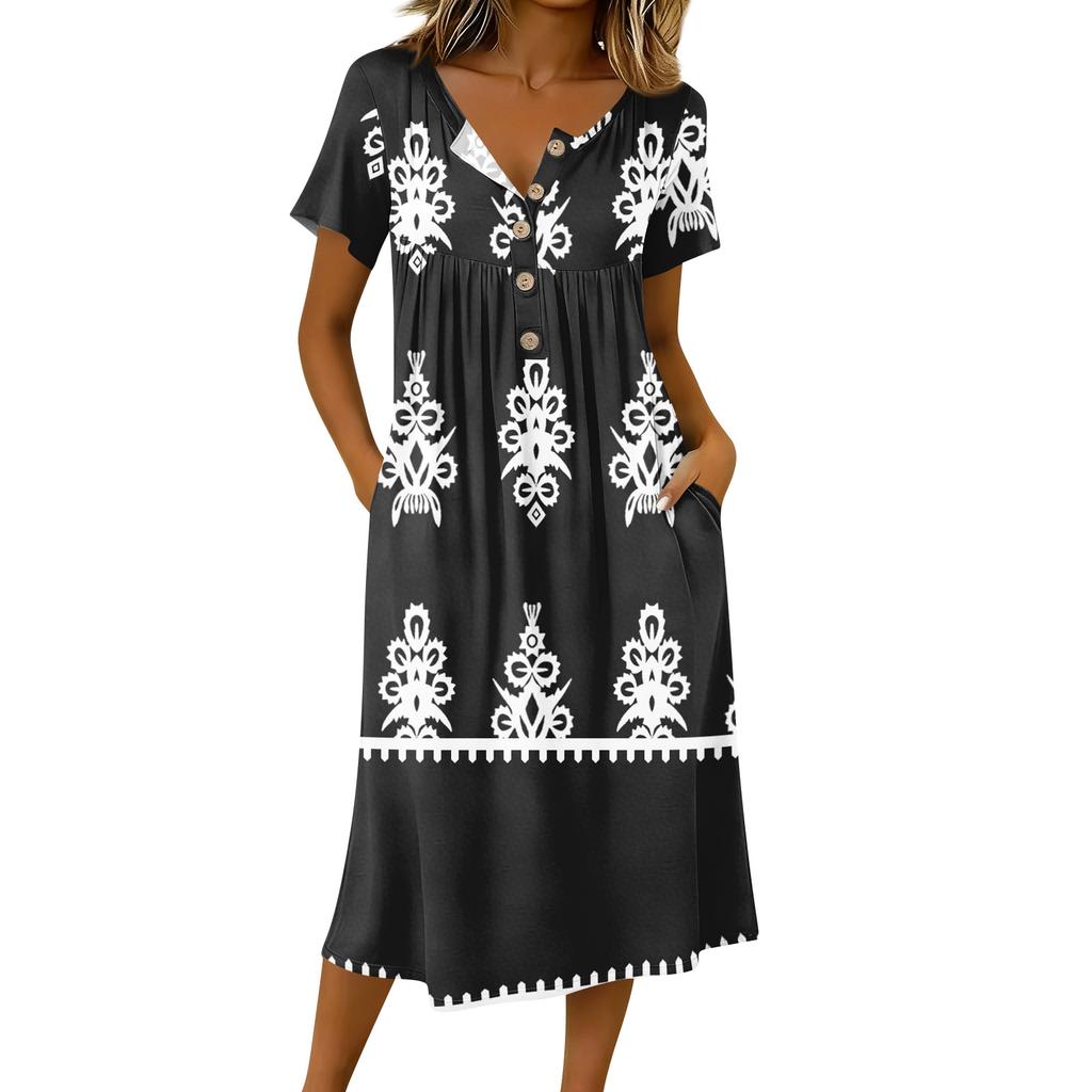 Women's Fashionable Retro Printed Round Neck Short Sleeved Button Neck Mid Length Casual Dress
