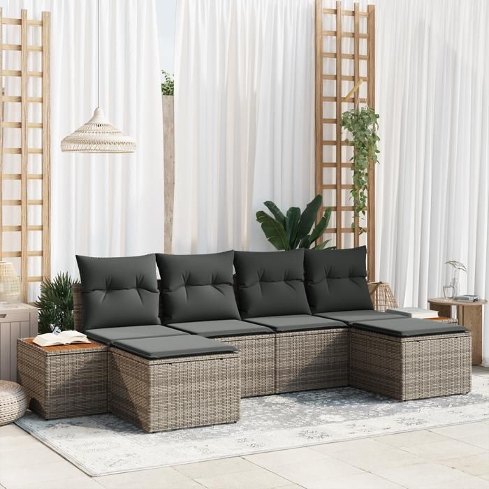 VidaXL Ensemble de 6 pièces de canapé de jardin avec coussins gris en poly rattan acacia 3348140