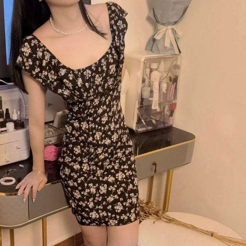 One-word Shoulder Floral Dress Children's Summer New Slim Fit and Thin Hip Skirt Sweet and Spicy Pure Sexy Hot Girls
