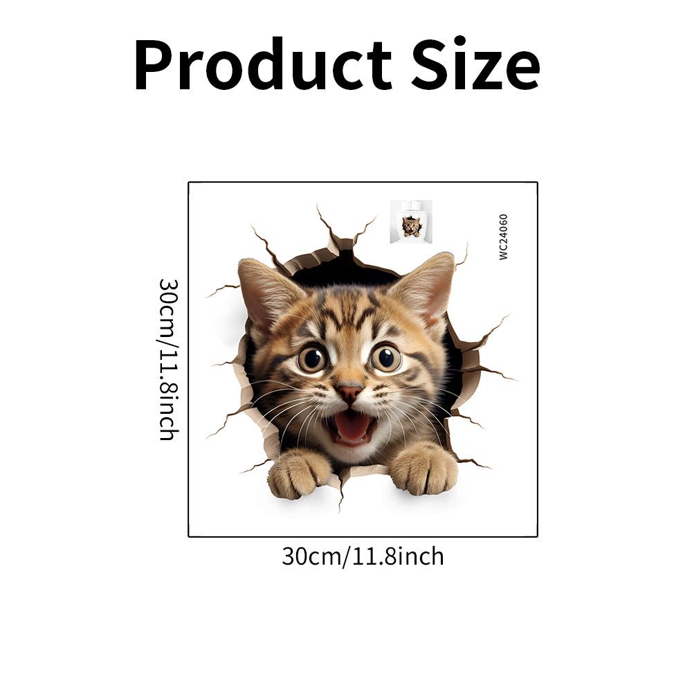 3D Cat Breakthrough Hole Toilet Stickers PVC Self-Adhesive Waterproof Moisture-Proof Bathroom Wall Decals (30x30cm)