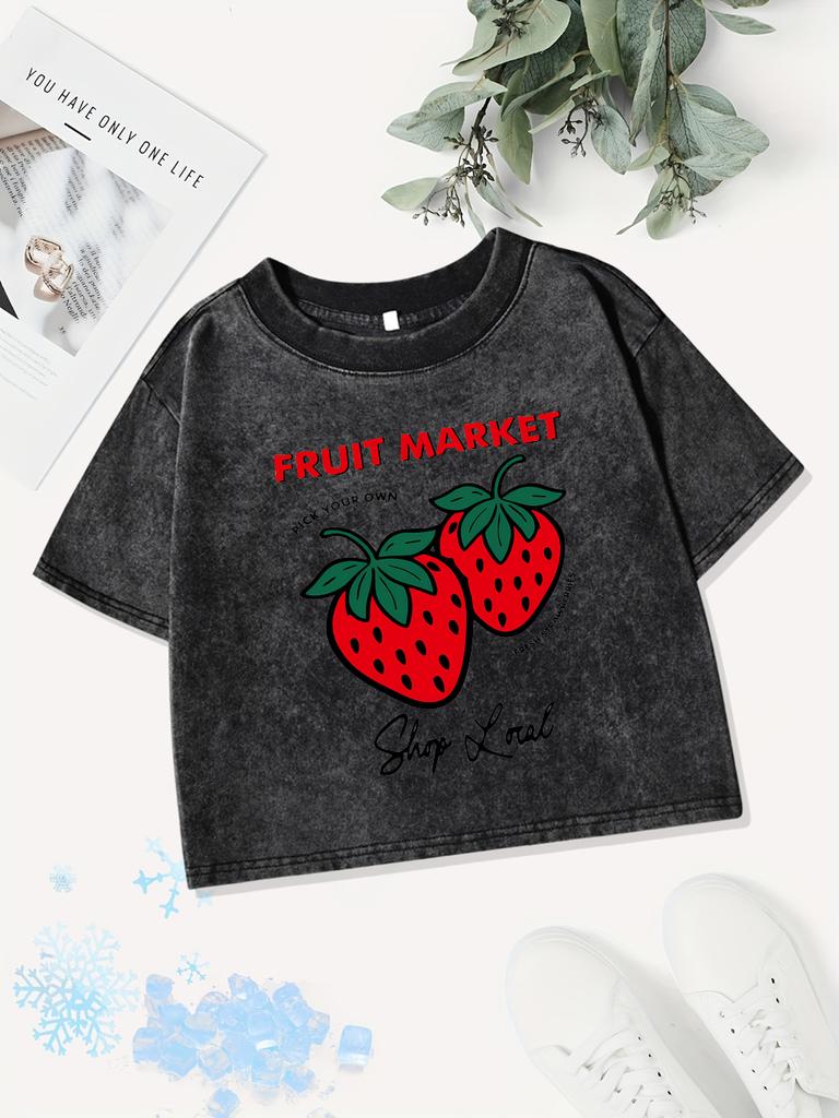 Sexy Cotton Crop Tops Womens Fruit Strawberry Printing Washed T-Shirts Summer O-Neck Regular Fit Streetwear Y2K Womans Clothes