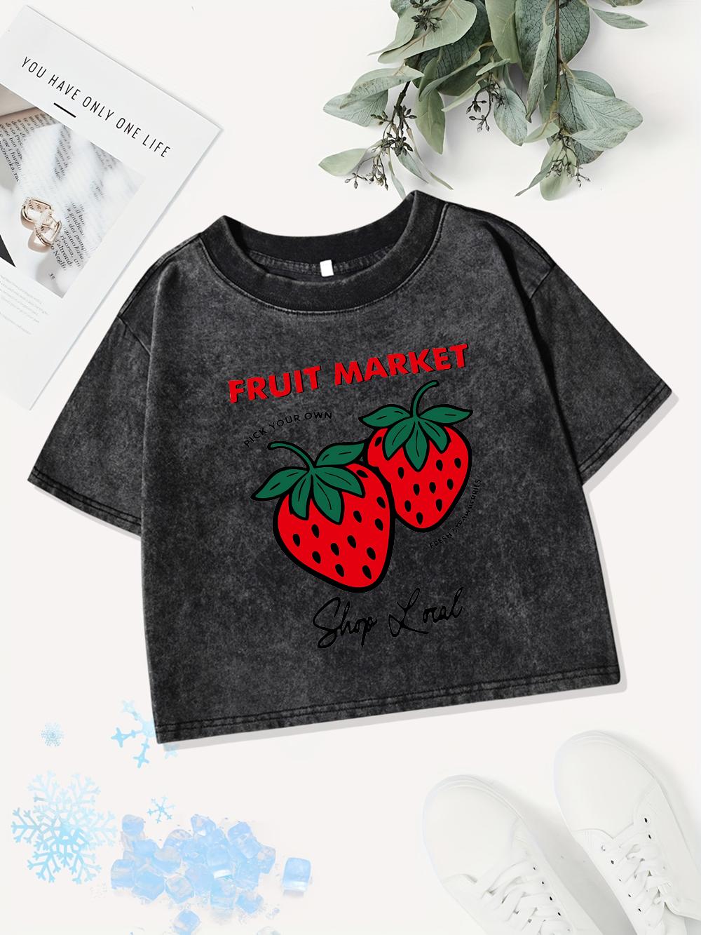 

Сексуальные хлопковые кроп-топы женские с фруктовым принтом клубники, выстиранные футболки, летние с круглым вырезом, обычного кроя, уличная одежда Y2K, женская одежда M