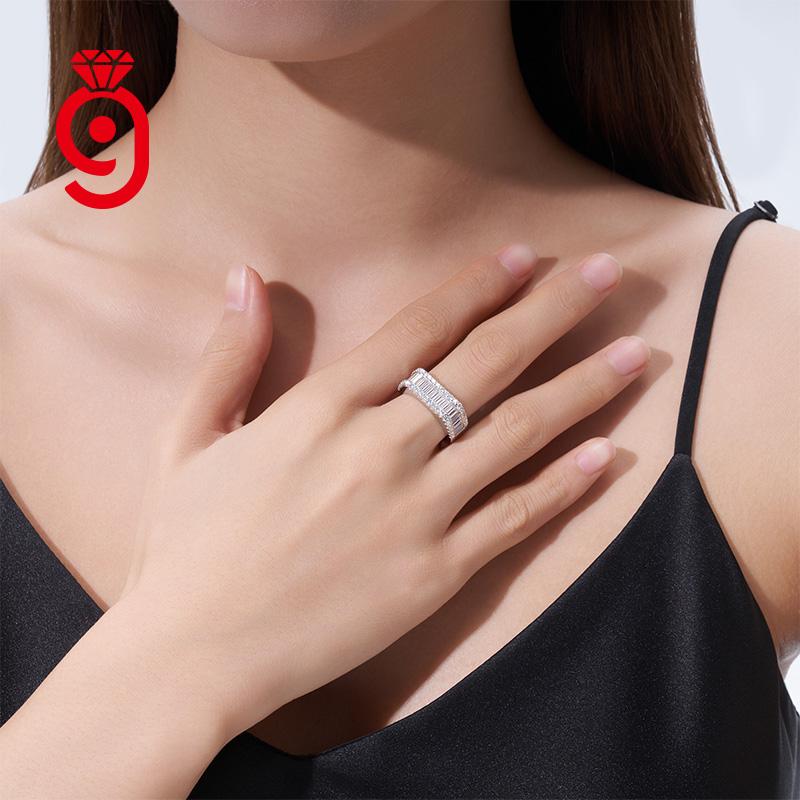 Lustrous Glossy S925 Silver Baguette Triple Row Round Accent Pave Solid Wide Band GRA Certified Unisex Daily Moissanite Ring